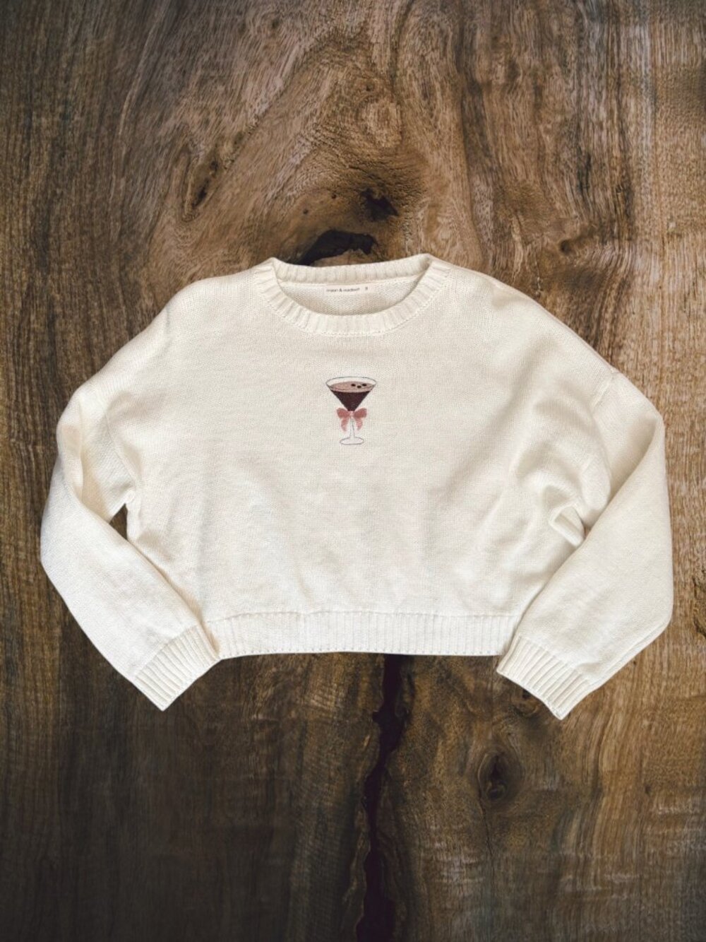 Moon & Madison Espresso Martini Embroidered Cropped Sweater Ivory Size S